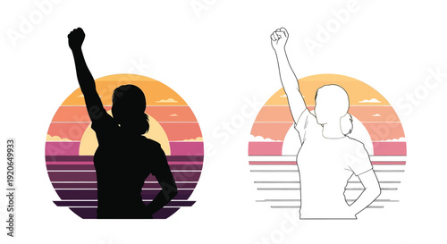 Raised fist silhouette against a sunset with a line art variation
