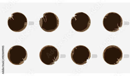 Realistic top-down view eight white coffee cups vector illustration isolated on white