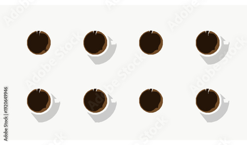 Top-down view eight white coffee cups flat minimalist vector illustration on white