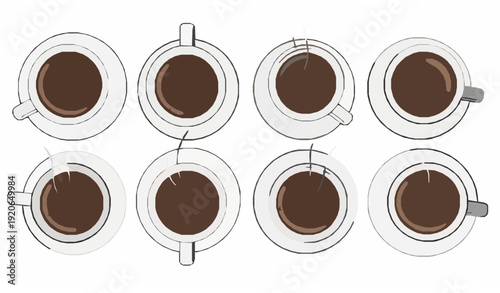 Hand drawn top-down view eight white coffee cups vector sketch illustration