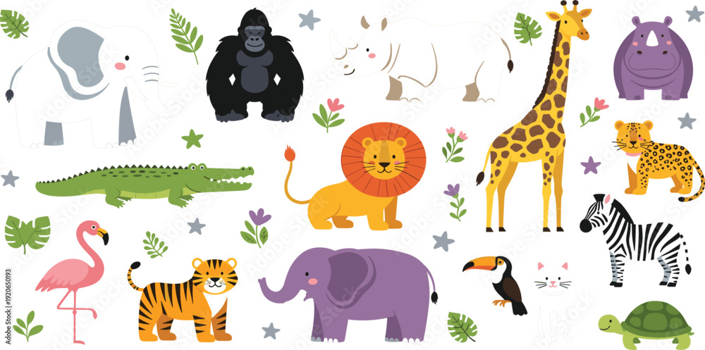 Obraz premium Cute safari wild animals cartoon vector set with lion, elephant, giraffe, zebra, tiger, rhino, and gorilla