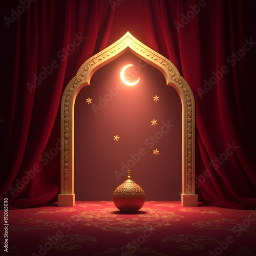 A decorative archway with a glowing crescent moon and stars, set against a red velvet background.