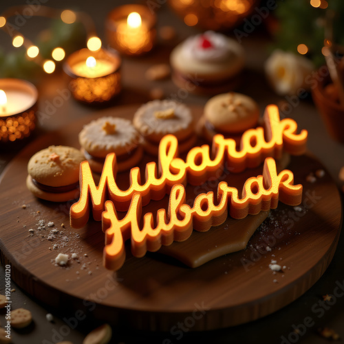 Candlelit table with sweets and illuminated text 