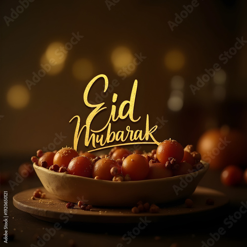 Eid Mubarak, festive fruit dish with golden glitter.