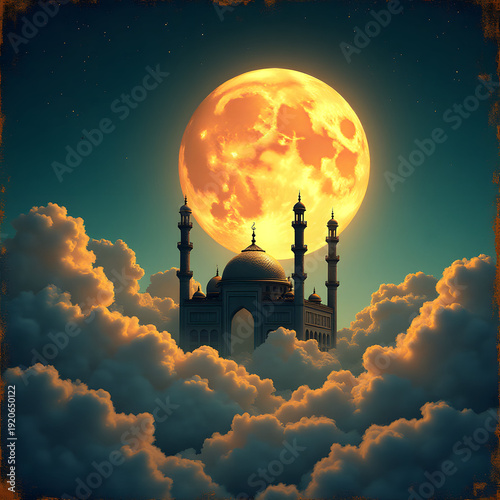 mosque and moon glowing through clouds