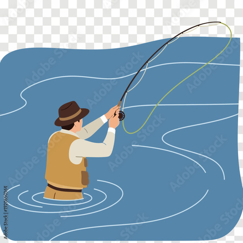 Person fishing in water wearing hat and vest.
