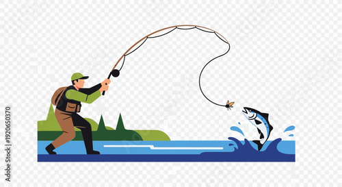 Fisherman casts line at jumping fish in water with trees.