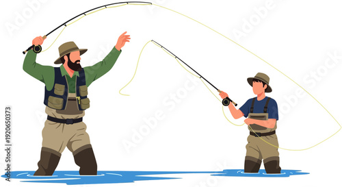 Two people fishing in water with rods.