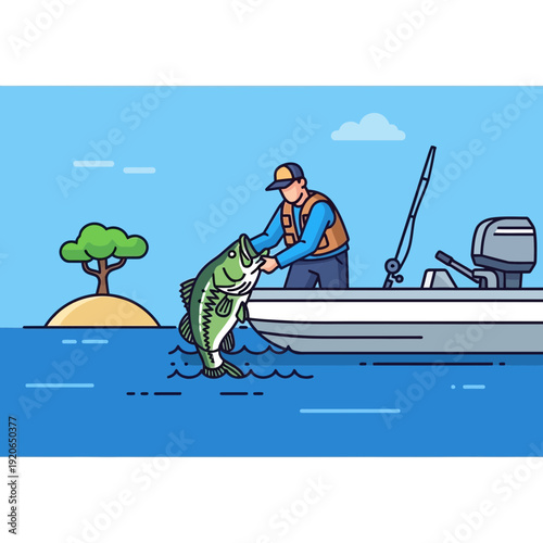 Fisherman in boat catches large fish in blue water.