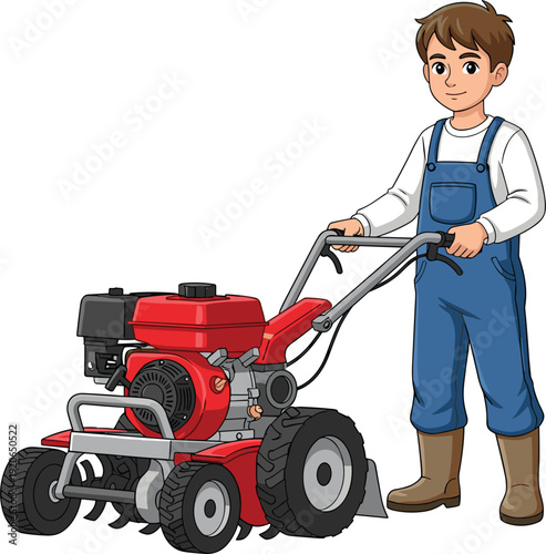Colorful vector illustration of a young man in blue overalls operating a red gasoline power tiller for gardening agriculture soil cultivation and farming branding