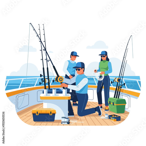 People fishing on a boat with gear and rods.
