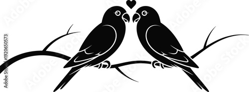 Love birds silhouette on branch with heart symbol, romantic couple illustration, nature romance concept, minimal design, wedding valentine art