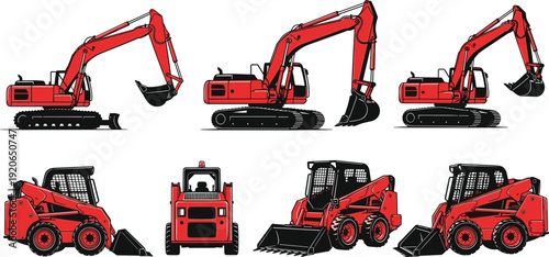 Red and black vector illustration set of heavy construction machinery featuring various hydraulic excavators and skid steer loaders for building site and industrial branding