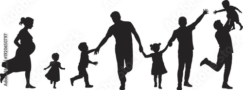 Happy family silhouettes growing together, parents children life stages, pregnancy to childhood, love bonding, parenthood journey, isolated black illustration