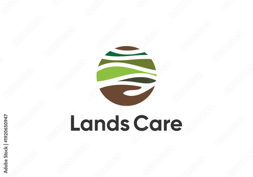 Fototapeta premium Farmland landscape care logo. Farm food care badge vector logo design with farmland and hand design graphic symbol, vector icon. green farmland logo