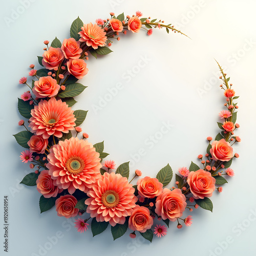 A vibrant, circular floral arrangement in shades of pink and orange.