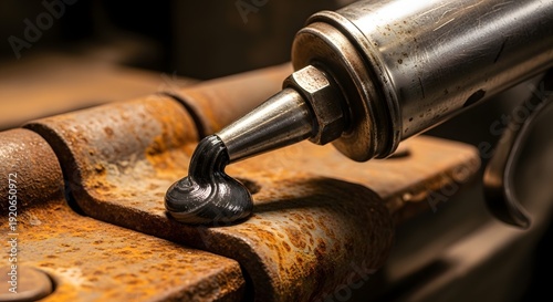Close-up of a grease gun nozzle applying lubricant to a rusty metal hinge.