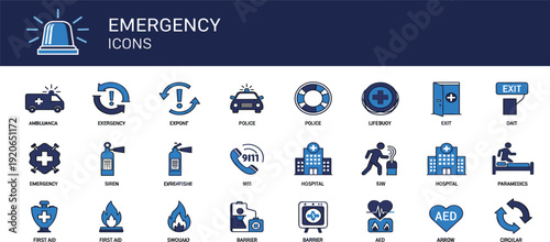 Emergency line icon set with ambulance, police, hospital, first aid, siren, fire, exit, and AED symbols