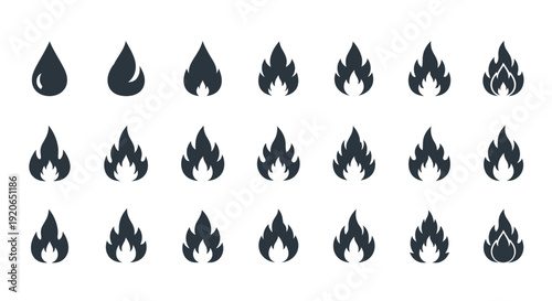 Collection of dark flame and drop vector icons illustrating fire intensity stages and liquid elements