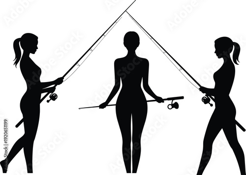 Women fishing silhouettes teamwork scene, female anglers holding rods together, outdoor sport recreation, leisure hobby concept, isolated black illustration
