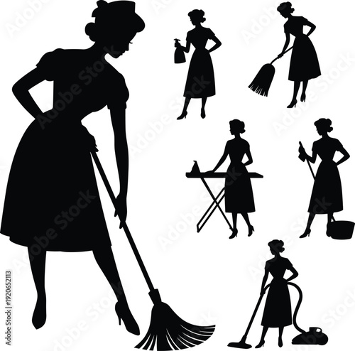 Vintage housewife cleaning silhouettes performing domestic chores isolated on white background, retro homemaker maid illustration set, classic household work collection