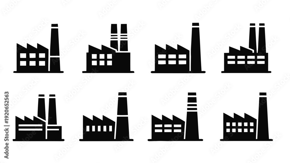 Obraz premium Vector illustration&nbsp;of set of industrial factory building silhouettes on on a transparent background