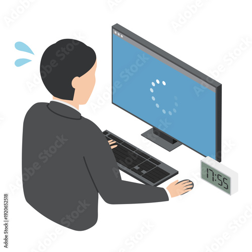 ロード中のパソコンと焦る会社員男性・アイソメトリック