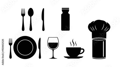 Vector illustration of black silhouettes of restaurant tableware and chef hat on on a transparent background