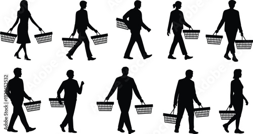 People shopping silhouettes carrying grocery baskets isolated on white background, consumers walking with shopping baskets, retail lifestyle illustration set