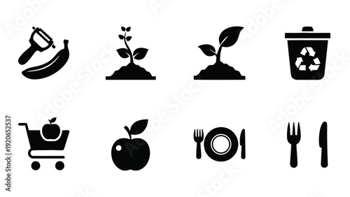 Vector illustration of black icons of food waste and recycling on on a transparent background