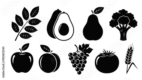 Vector illustration of black silhouettes of various fruits and vegetables on on a transparent background