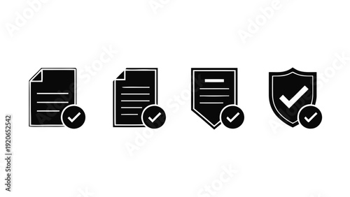 Vector illustration of set of document and security icons with checkmark verification symbol on a transparent background