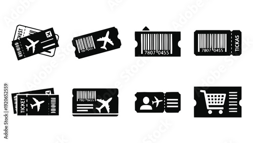 Vector illustration of set of black and white airplane ticket and boarding pass icons on a transparent background