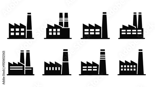Vector illustration of set of industrial factory building silhouettes on on a transparent background