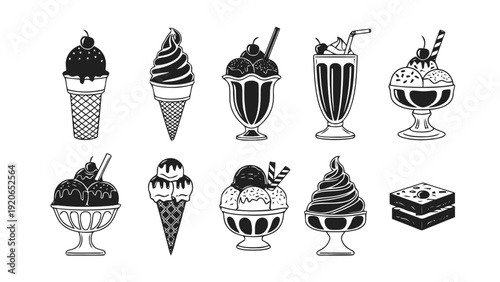 Vector illustration of collection of hand drawn ice cream desserts, shakes, and cones in vintage style on a transparent background