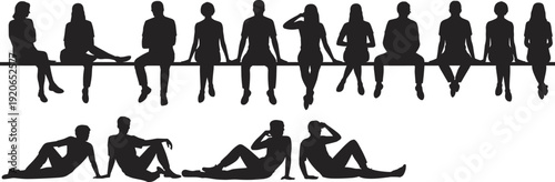 Silhouette people sitting on beam, group posture, relaxed lifestyle, teamwork illustration, human