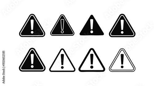 Vector illustration of set of eight warning and danger alert triangle icons with exclamation mark on a transparent background