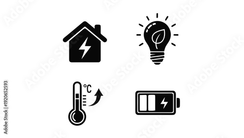 Vector illustration of set of icons for energy saving, renewable energy, battery, and temperature control on a transparent background