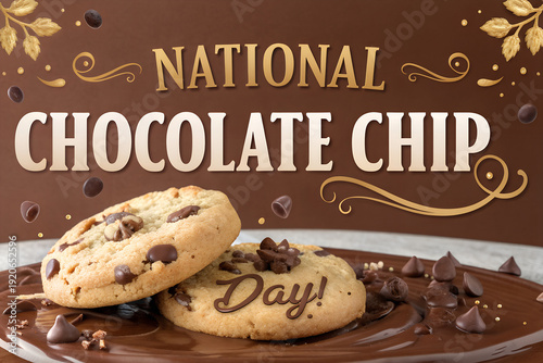 Chocolate chip cookies on melted chocolate with scattered chips and golden decorative flourishes celebrating indulgent National Chocolate Chip Day festive event  generative ai
