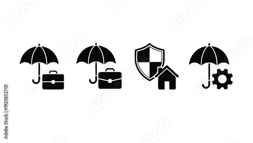 Vector illustration of insurance icons set business, home, and gear protection under umbrella on a transparent background