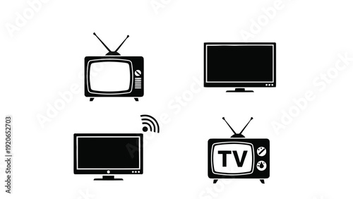 Vector illustration of collection of four television icons in black and white style on a transparent background