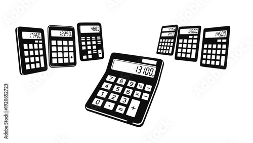 Vector illustration of multiple black and white calculators displaying numbers on a on a transparent background