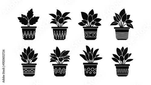 Vector illustration of set of eight potted houseplants in black silhouette style on a transparent background