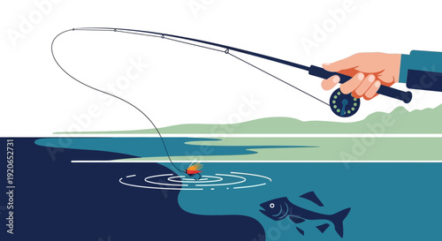 Hand holding fishing rod casting line into water with fish.