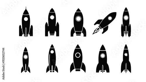 Vector illustration of collection of black rocket ship icons on a transparent background