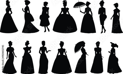 Victorian women silhouettes collection in elegant historical dresses with parasol isolated on white background, vintage fashion illustration set