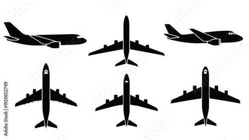 Vector illustration of set of six black silhouette icons of passenger airplanes in different views on a transparent background