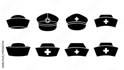 Vector illustration of collection of various military and medical hats with white cross and emblem on a transparent background