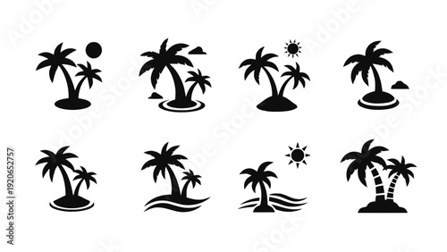 Vector illustration of set of eight black silhouette icons for palm trees and tropical islands on a transparent background