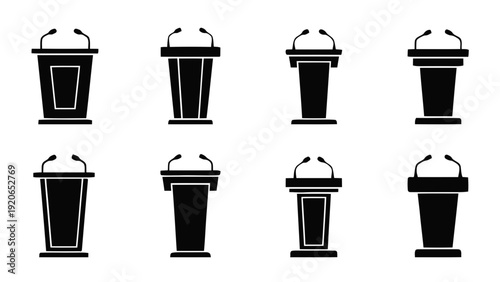 Vector illustration of set of eight black podium icons for speech or presentation on a transparent background